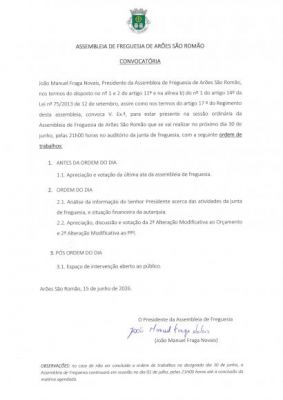 Assembleia de Freguesia- sess&atilde;o ordin&aacute;ria de junho