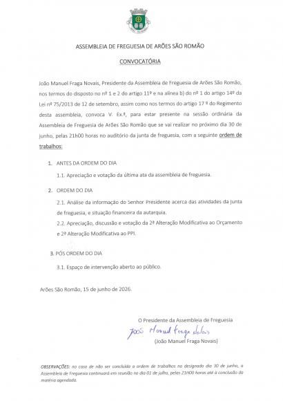 Assembleia de Freguesia- sess&atilde;o ordin&aacute;ria de junho