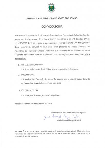 ASSEMBLEIA DE FREGUESIA - 28 DE SETEMBRO DE 2026