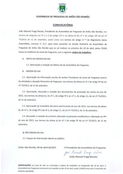 Assembleia de Freguesia- sess&atilde;o ordin&aacute;ria de abril