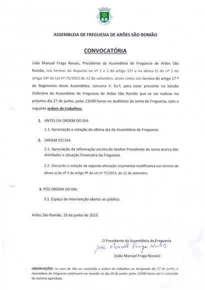 Assembleia de Freguesia- sess&atilde;o ordin&aacute;ria de junho