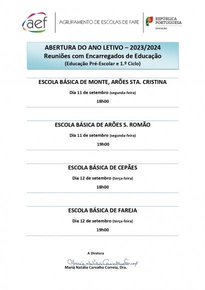 Ano letivo 2023/ 2024 - agendamento de reuni&atilde;o com os encarregados de educa&ccedil;&atilde;o