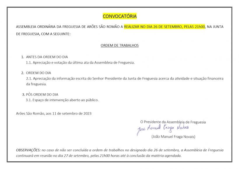 Assembleia de Freguesia- sess&atilde;o ordin&aacute;ria de setembro