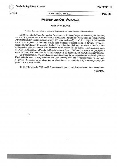 Consulta pr&eacute;via do projeto de regulamento e tabela de taxas, tarifas e receitas an&aacute;logas da Freguesia de Ar&otilde;es S&atilde;o Rom&atilde;o